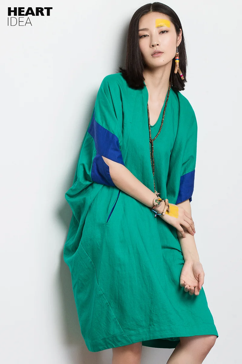 Женское винтажное платье LYNETTE'S свободное зеленое с v образным вырезом в