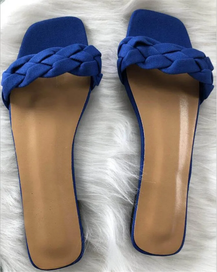 blue Женские шлепанцы; Новинка; джинсовые шлепанцы на плоской подошве с плетеной тесьмой; летние женские пляжные сандалии без застежки с открытым носком; женская обувь; светильник; Zapatos; S261 - Цвет: blue
