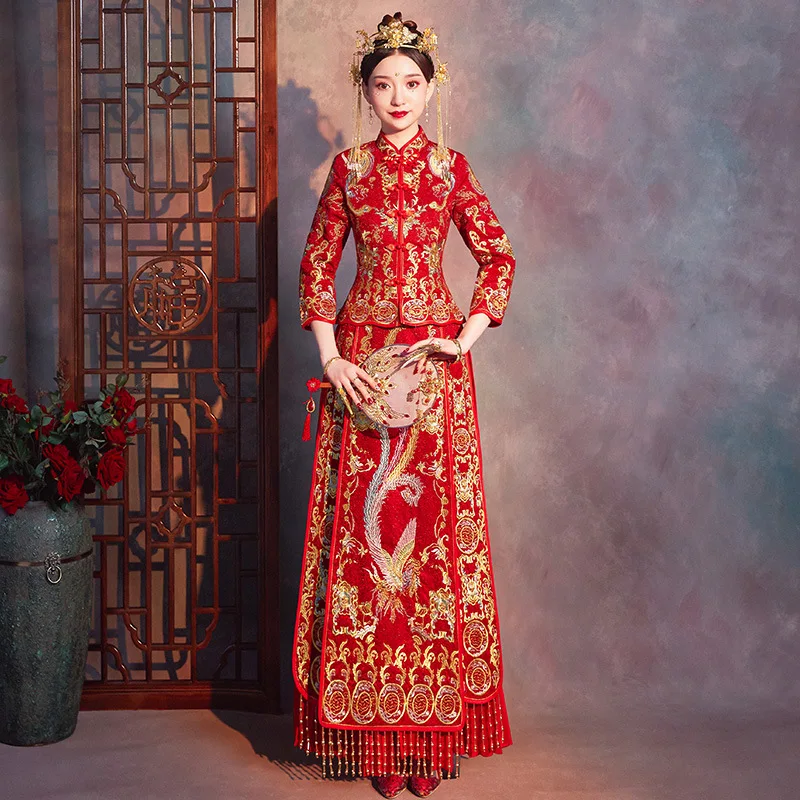 

Женское традиционное свадебное платье Qipao, красное платье с золотой вышивкой в китайском стиле, 2019