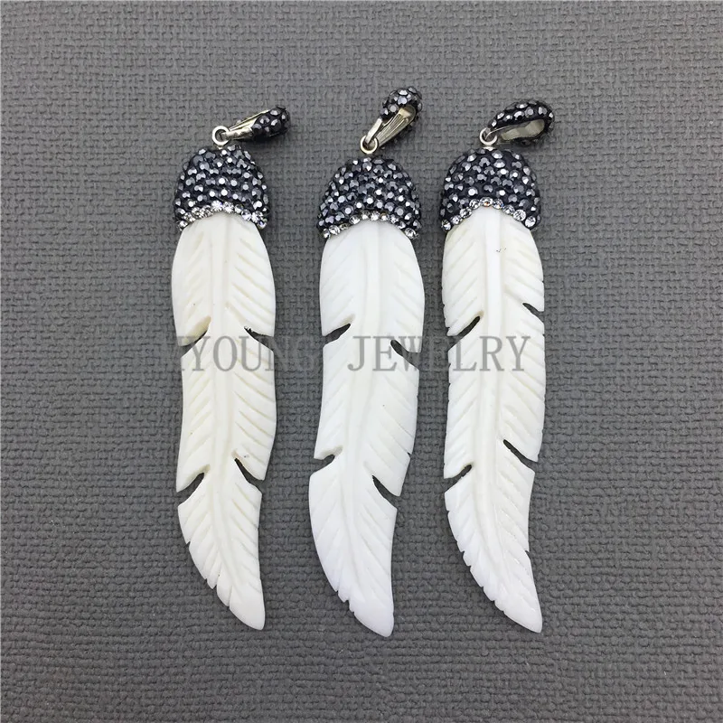 

MY0466 Feather Shape White Carved Bone Pendant,Long Leaf Paved Rhinestone Cap and Bail Necklace Making Pendant Charm