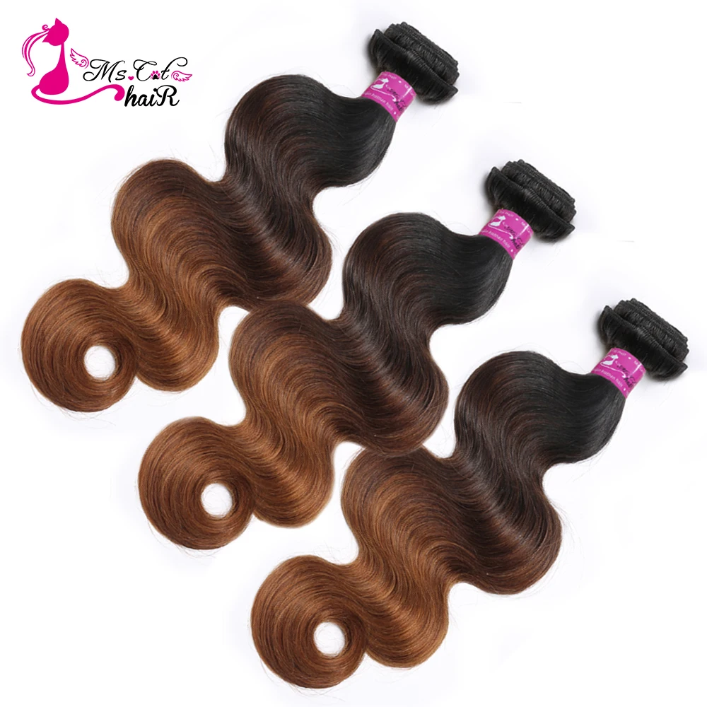 Ms Cat Hair Ombre Человеческие Волосы Объемная Волна 3 Пучки Реми Волос T1B / 4/30 Три Тона Ombre Бразильские Пучки Волос Волос Бесплатно