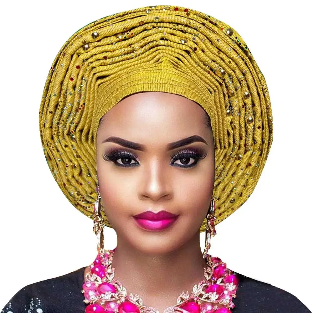 gold Африканская повязка aso OKE Auto Gele с бисером африканская Дамская повязка на голову для aso ebi свадьбы - Цвет: gold