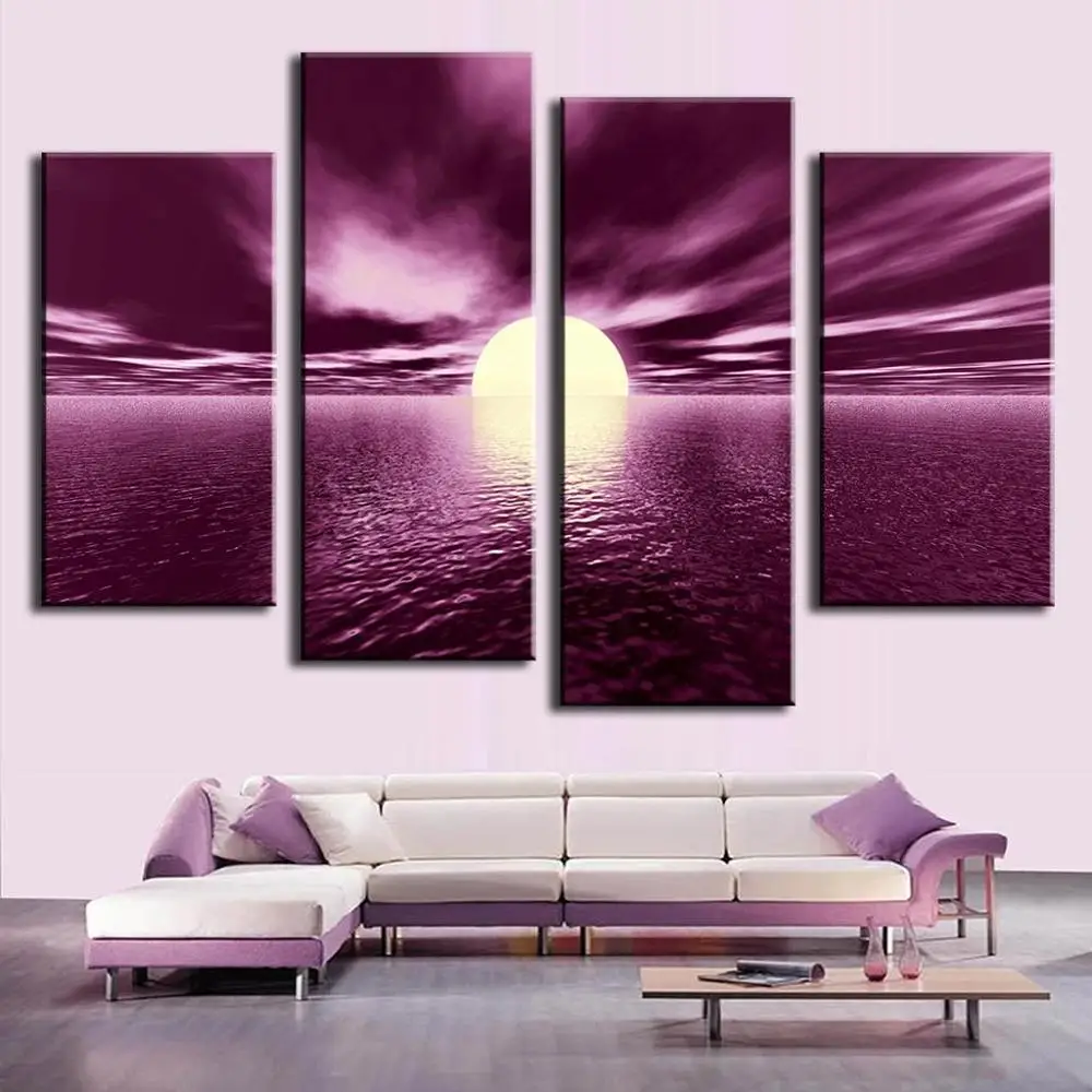

4 Pcs Modern Abstract Wall Painting Sunset Combined Canvas Sea Home Room Decor Wall Art Picture Unframed