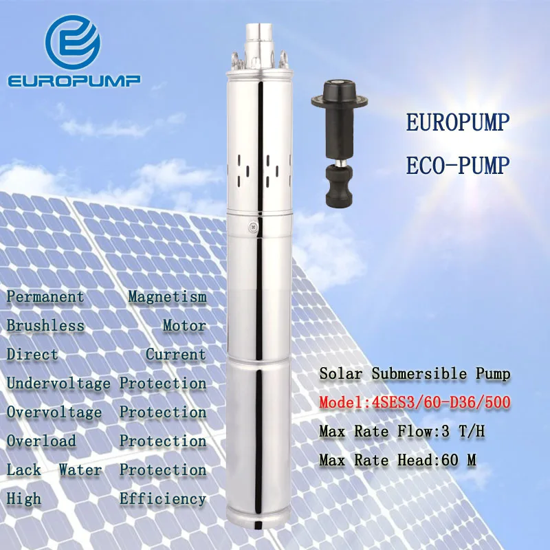 Модель EUROPUMP (4SES3/60-d36/500) 36В DC погружной насос Мини Солнечная энергия Электрический