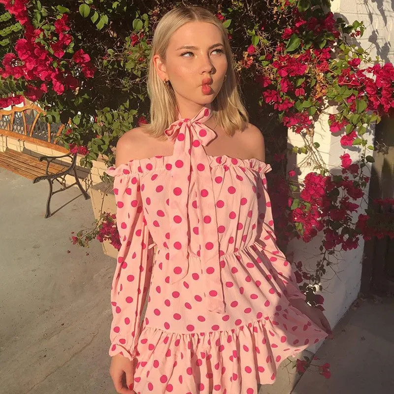 Женское шифоновое платье в горошек с открытыми плечами летнее пляжное богемном