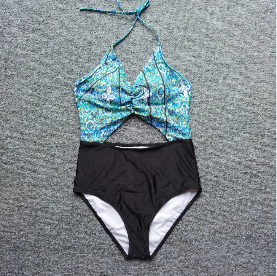 Sexy Women Hollow Cut Out Bodysuit Swimwear Bathing Suit High Waist Monokini Jumpsuit Print Beachwear Halter Neck Swimming | Спорт и