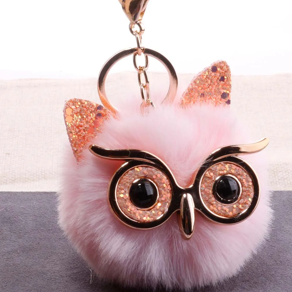 

QiYuFang Cute Pompom Owl Keychain pom pom Ladies Bling Bling Rabbit Fur Ball pompon Porte Clef Fluffy Key Ring Car Bag Keychain