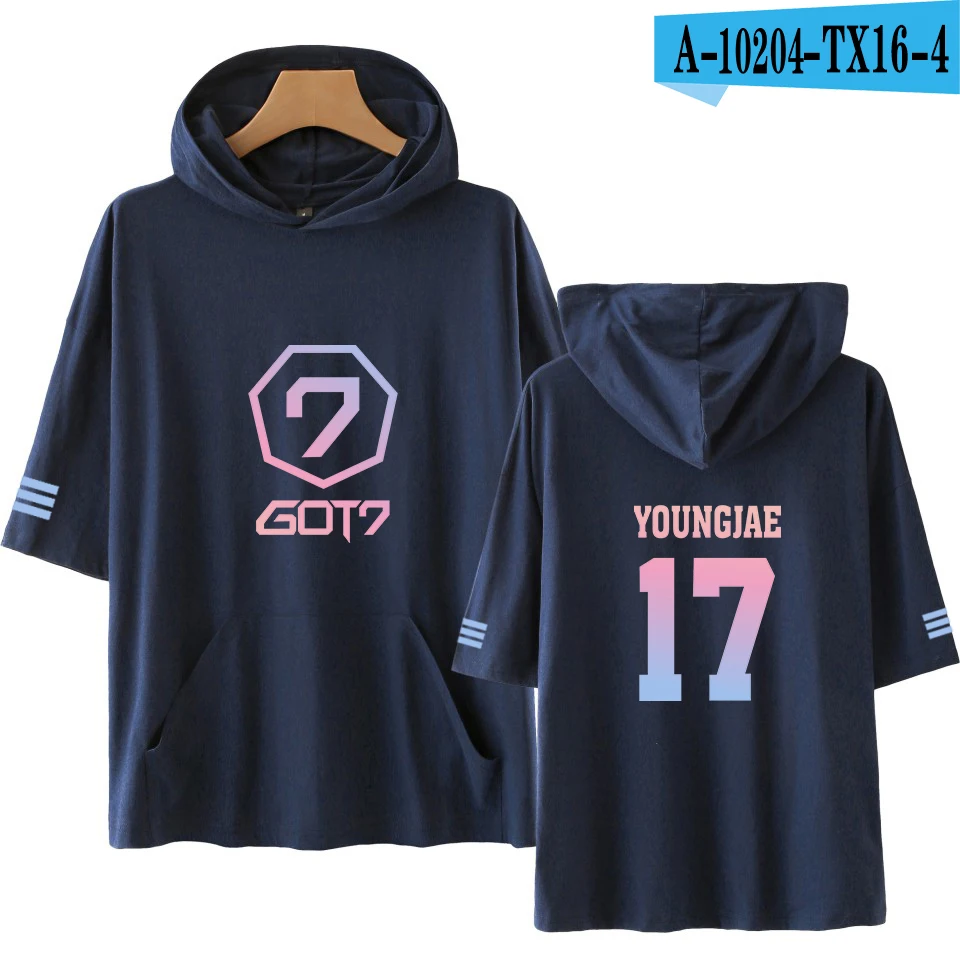 navy blue LUCKYFRIDAYF GOT7 Ifashion поп печати короткий рукав толстовка с капюшоном Dragon Ball Harajuku Для женщин/Для мужчин в стиле «хип-хоп», с капюшоном, с принтами персонажей из 4XL - Цвет: navy blue