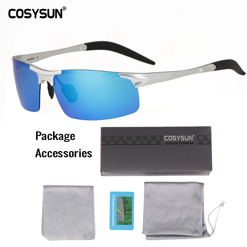 SilverBlue Brief PKG COSYSUN мужские поляризованные солнцезащитные очки из алюминиевого сплава, мужские солнцезащитные очки с зеркальными линзами, поляризованные солнцезащитные очки для вождения, мужские солнцезащитные очки, 6 цветов - Цвет линз: SilverBlue Brief PKG