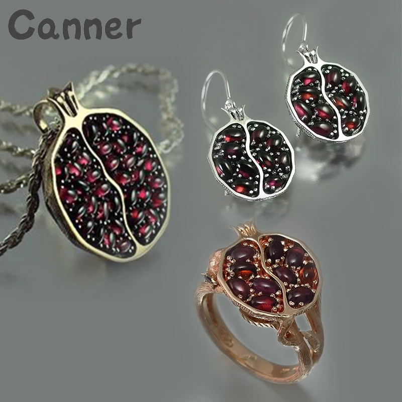 Canner, Гранатовое золото, кольца для женщин, серьги, гранатовый обруч, Brincos, ювелирный комплект, ожерелье, колье, женские серьги с фруктами, A40
