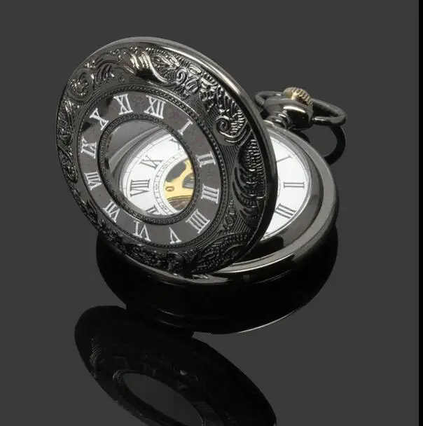 

mechanical pocket watches black Roman numerals Hollow out White flour double show antique men fob chain watch