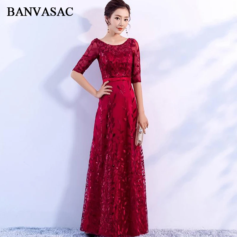 BANVASAC 2018 Длинные вечерние платья с круглым вырезом блестками и листьями для