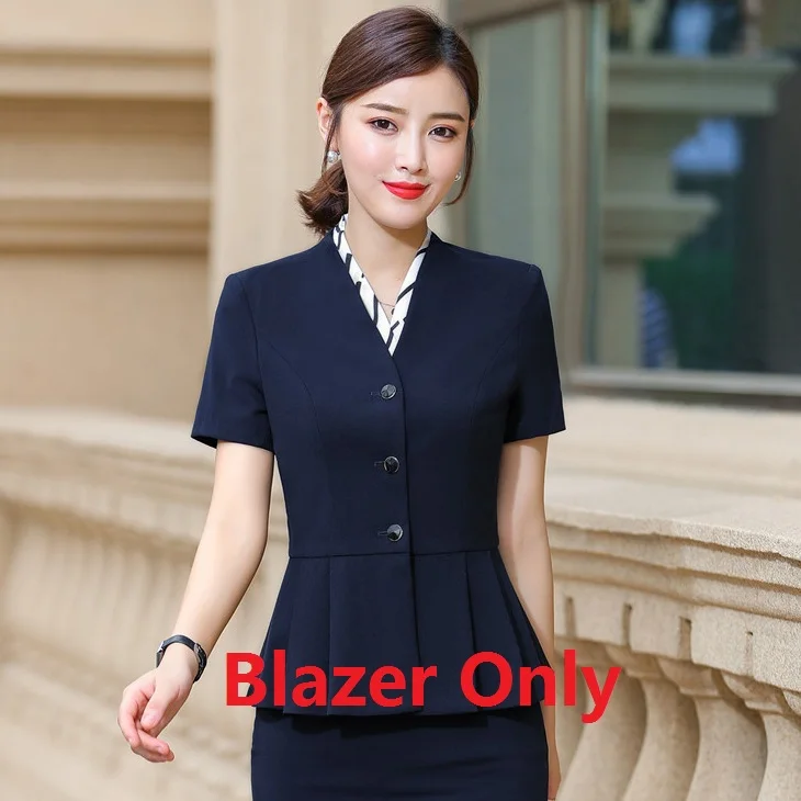 Blue Blazer Only Летние Формальные женские юбочные Костюмы Блейзер и куртка наборы Дамская рабочая одежда Деловая одежда короткий рукав черный - Цвет: Blue Blazer Only