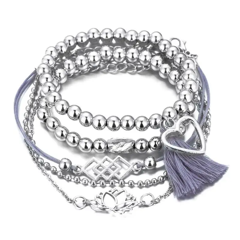 5 шт./компл. винтажный браслет в форме лотоса с кисточкой-сердцем набор серебряных