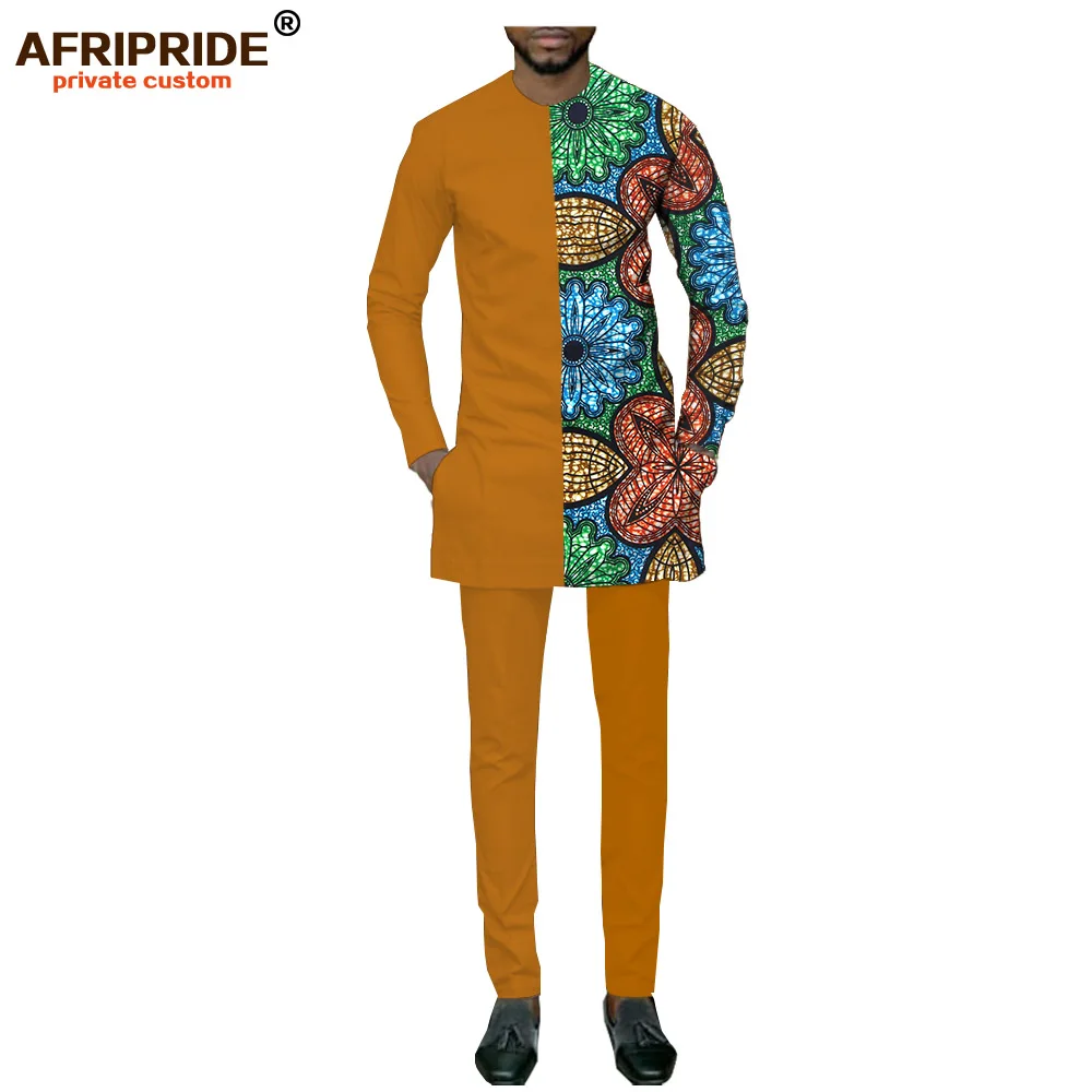 408J Африканский повседневный костюм для мужчин AFRIPRIDE частный заказной полный рукав o-образным вырезом топ+ брюки длиной до лодыжки Тонкий мужской осенний костюм A731604 - Цвет: 408J