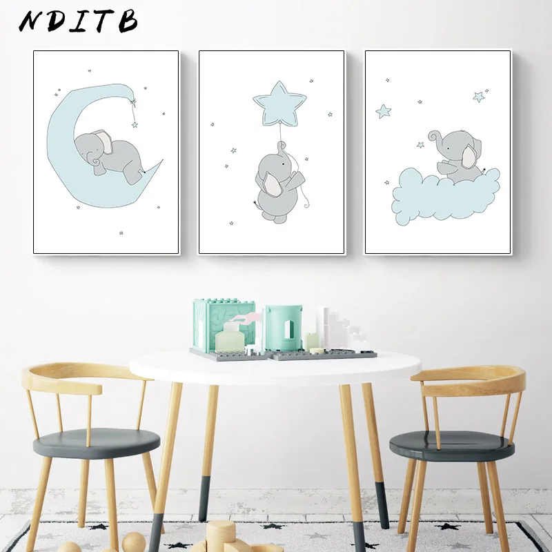 NDITB милый мультфильм слон Луна холст Художественная живопись плакаты принты декоративная картина Детская Спальня отделка детской стены
