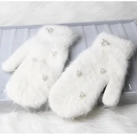 12 color 2019 fashion women winter gloves luxury pearl decoration rabbit fur gloves for girl winter outdoor female mittens luav