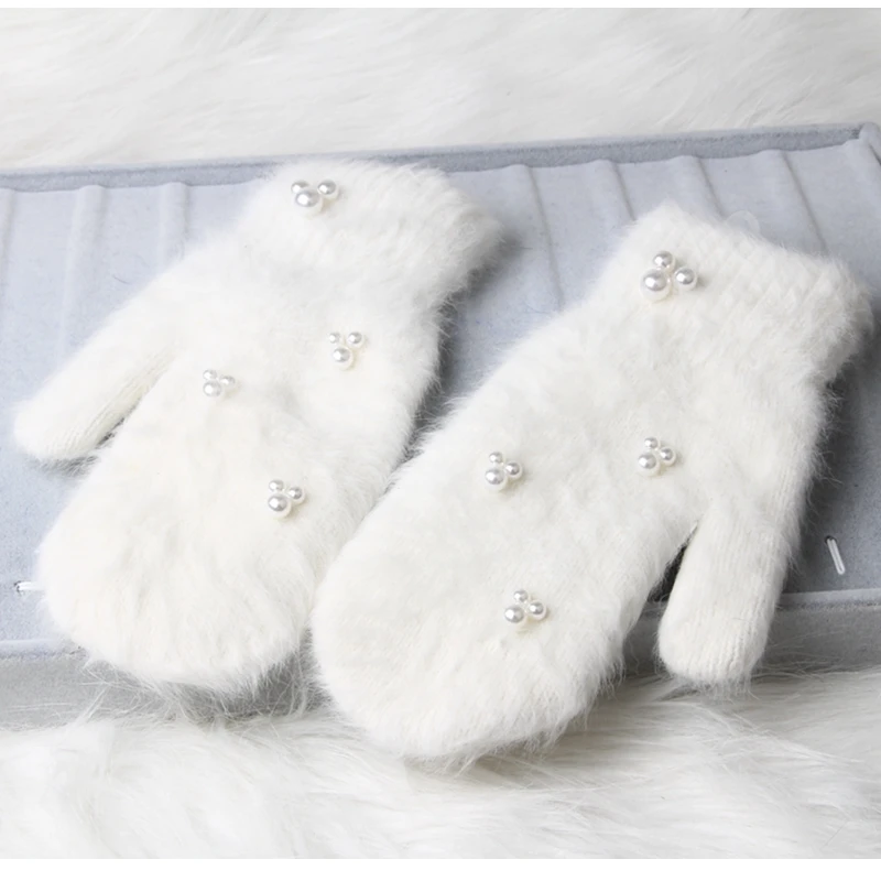 Варежки женские зимние из кроличьего меха с жемчужинами|rabbit fur gloves|fur gloveswomen winter