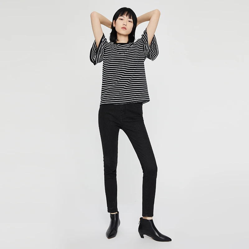 Женская футболка в полоску с оборками и коротким рукавом|Футболки| |