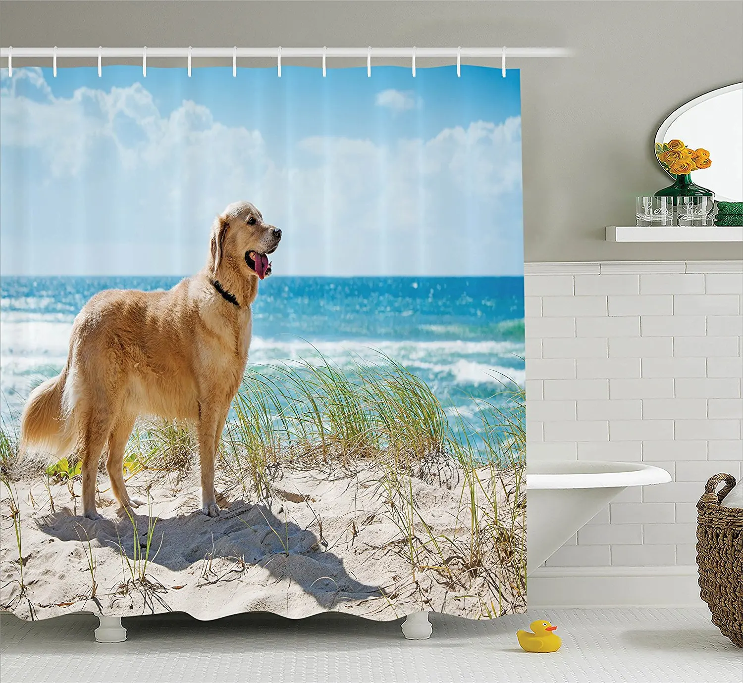 Золотой ретривер на песчаной Дюне с видом тропический пляж океан небо Сцена