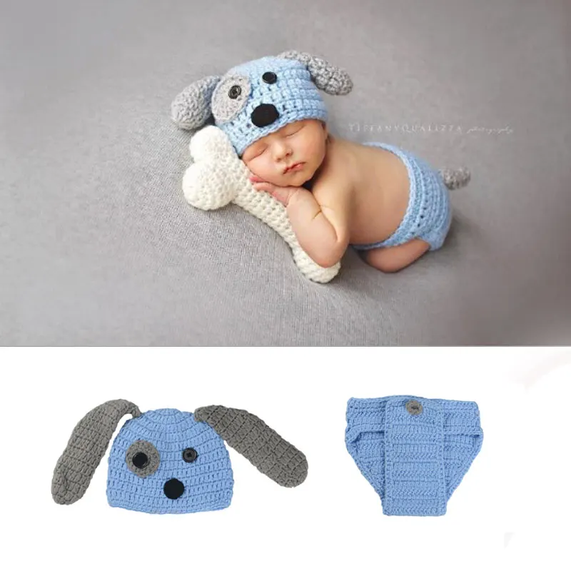 blue puppy Одежда для новорожденных; вязаный костюм для мальчиков и девочек; реквизит для фотосессии; аксессуары ручной работы; Детские шапки с кроликом; шапки для собак - Цвет: blue puppy