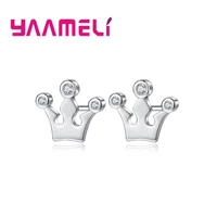 women girls stud earrings shiny 925 sterling silver jewelry simple queen princess crown clear white cubic zircon pendientes