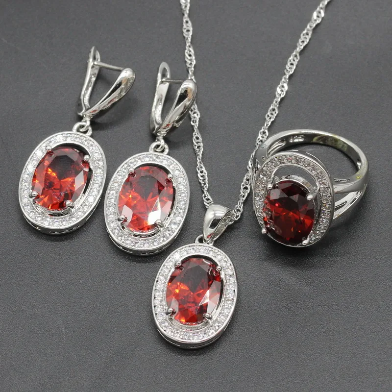 925 Sterling Silver Jewelry Sets Oval Red Zirconia For Women Wedding Necklace Pendant Bracelet Ring Earrings Rysean | Украшения и