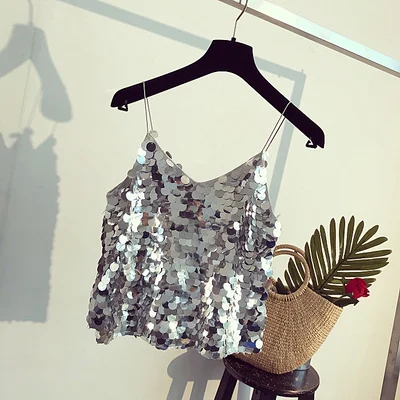 Серебристый Sequin Cami сексуальный укороченный топ, летний женский топ на бретельках, тонкий топ с открытой спиной, Обрезанные Топы - Цвет: Серебристый