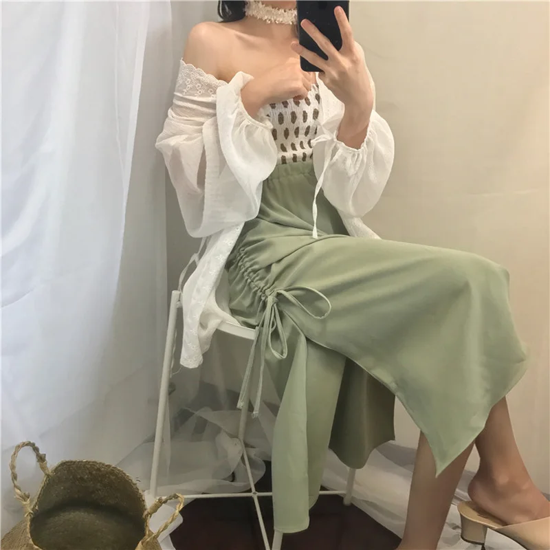 Корейский укороченный топ в горошек + винтажная юбка с разрезом сбоку на кулиске