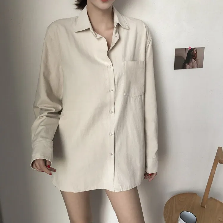 Apricot Синий/белый/Абрикосовый карманы однобортные однотонные рубашки женские летние с отложным воротником Свободная блузка с воротником - Цвет: Apricot