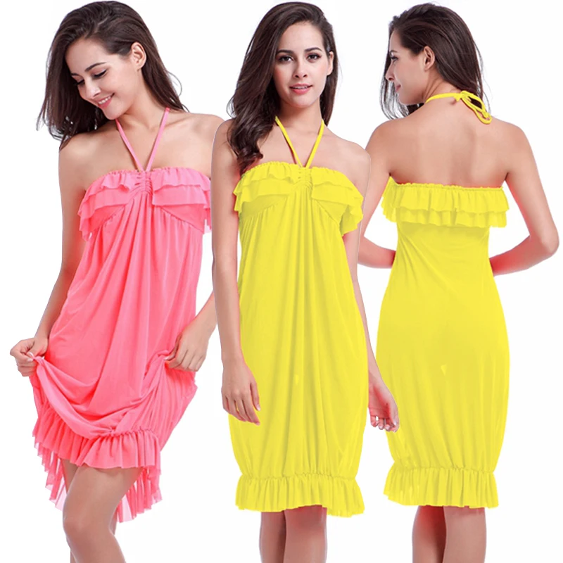 

2019 ROSIELARS 2 Sets Hot Sale Swimsuit Feminine Small Flounces Ruffles Beach Cover Ups Transparent Stretch Mesh Dress