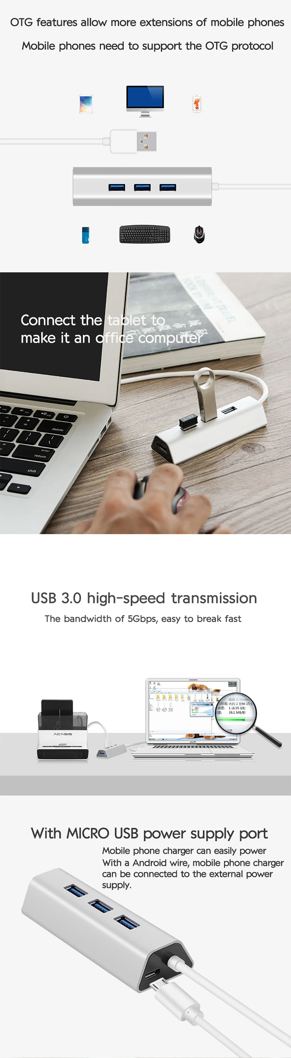 Acasis usb-хаб 3,0 4 порта Мульти USB 3,0 концентратор алюминиевый концентратор USB 3,0 с адаптером питания USB разветвитель для ПК Компьютерные аксессуары#25