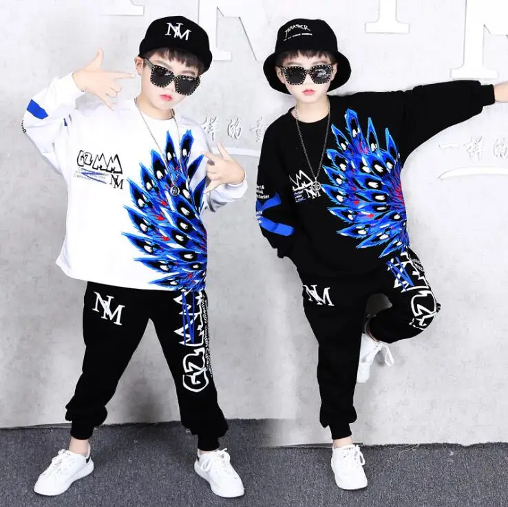 2 Pcs Children Autumn Clothes Set Big Boys Girls Peacock Hoodies Haren Pants Cotton Dance vetement garcon 6 8 10 12 13 14 Years