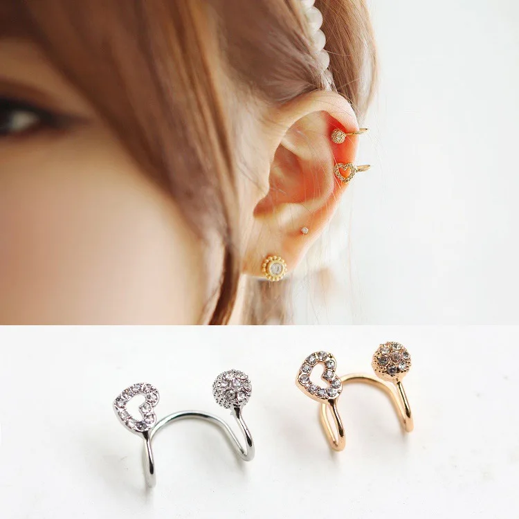 Женские серьги клипсы корейские модные с шариками из горного хрусталя сердечком