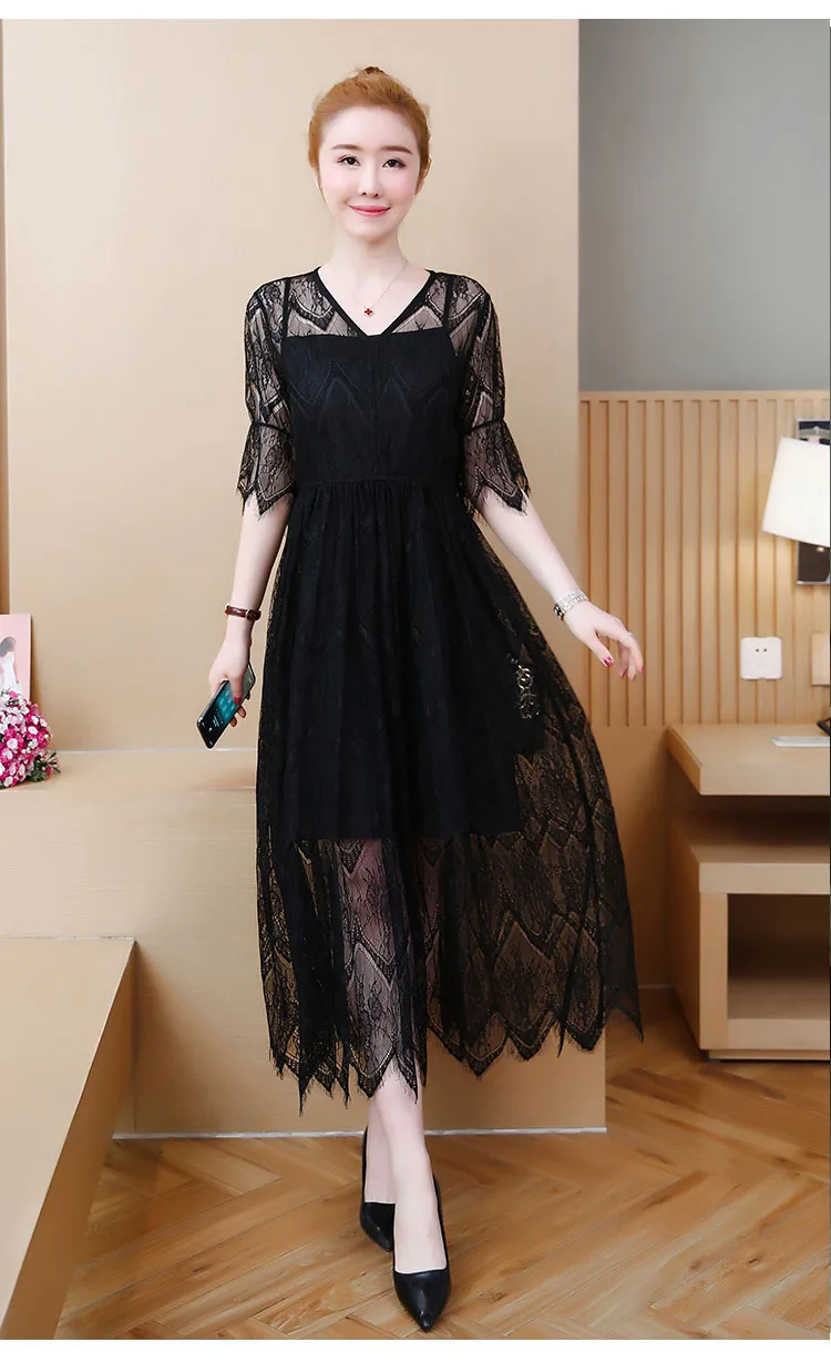 Moda mujer, летние платья размера плюс для женщин, 4xl, 5xl, 6xl, большие размеры, черное кружевное элегантное платье, уникальное женское винтажное платье