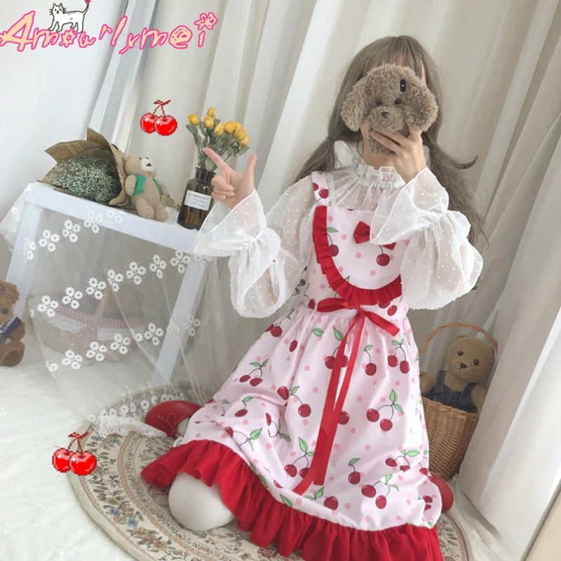 Японское Kawaii милое платье принцессы Лолиты без рукавов с высокой талией милое клубничное Вишневое платье с принтом летнее платье Mori на девочку