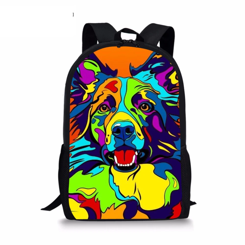 

New Primary School Bags for Girls Colorful Boder Collie Dog Art Print Schoolbag Children Backpack Female bag for Laptop 16 inch