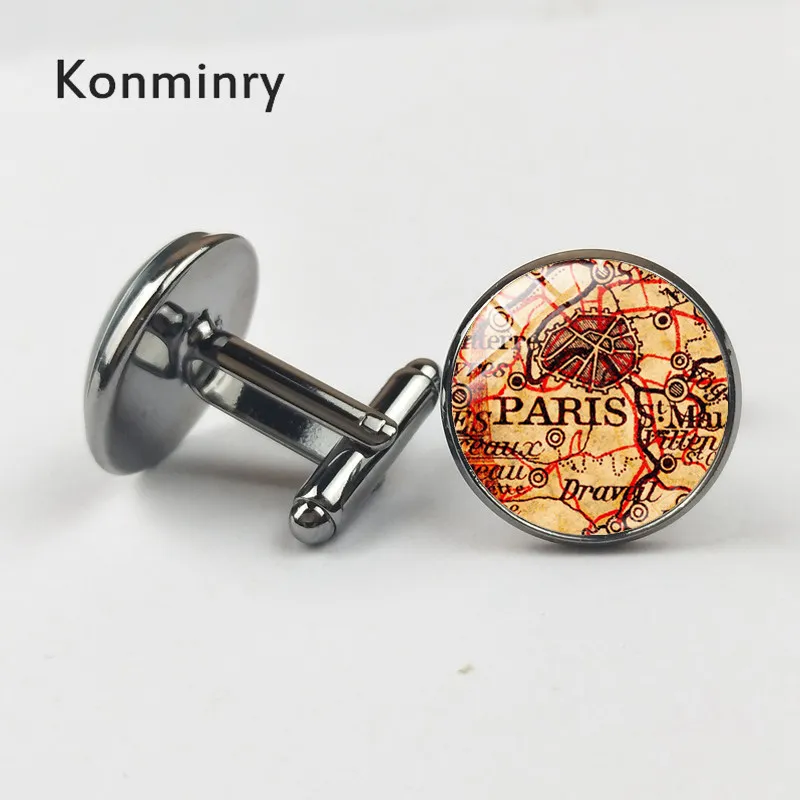 black gun Konminry Винтаж Париж, Франция карта Запонки Красный зеленый компас узор Круглый Стекло Подвески Для мужчин рубашка костюм Запонки Свадьба - Окраска металла: black gun