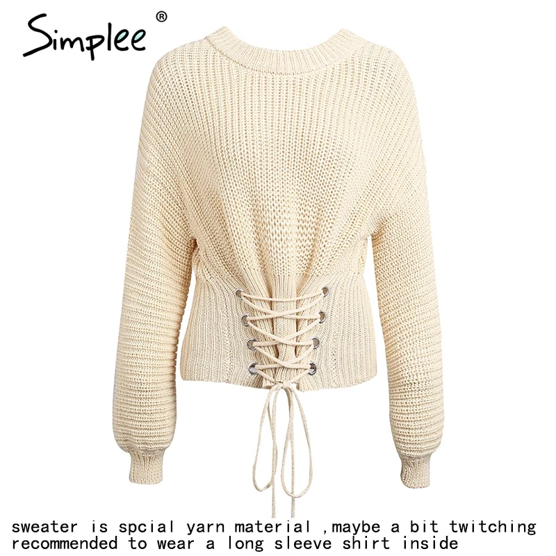 Simplee Lace up Теплый вязаный женский свитер | Женская одежда