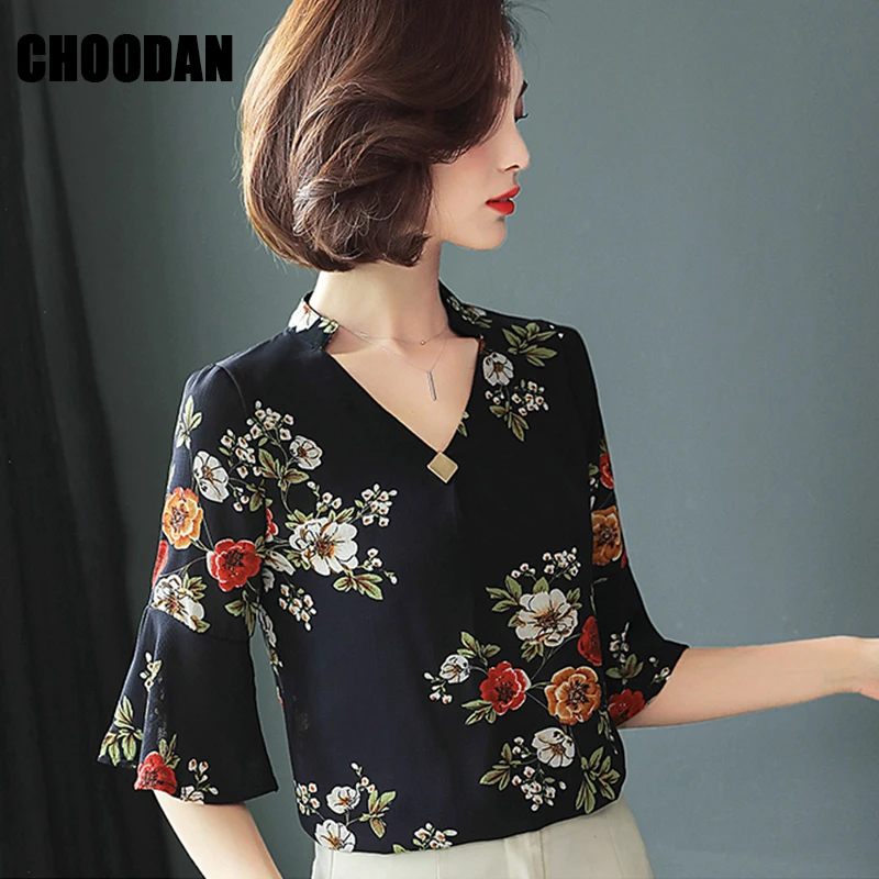 Black Blouse Women V neck Flare Sleeve Shirt Flower Printed Short Chiffon Summer Tops 2018 Female Korean Fashion Clothing |
