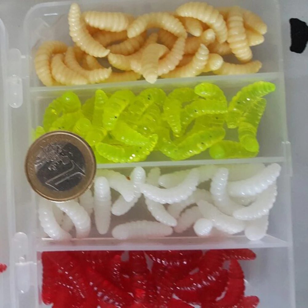 

NEW 100Pcs 4 Colors Maggot Grub Outdoor Fishing Lure Worm Silicone Soft Bait Tool