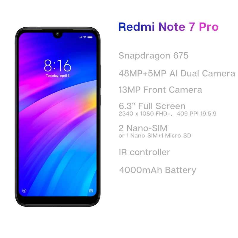 Xiaomi Redmi Note 7 Pro с глобальной прошивкой 6 ГБ 128 мобильный телефон 48MP 13 МП камера 3