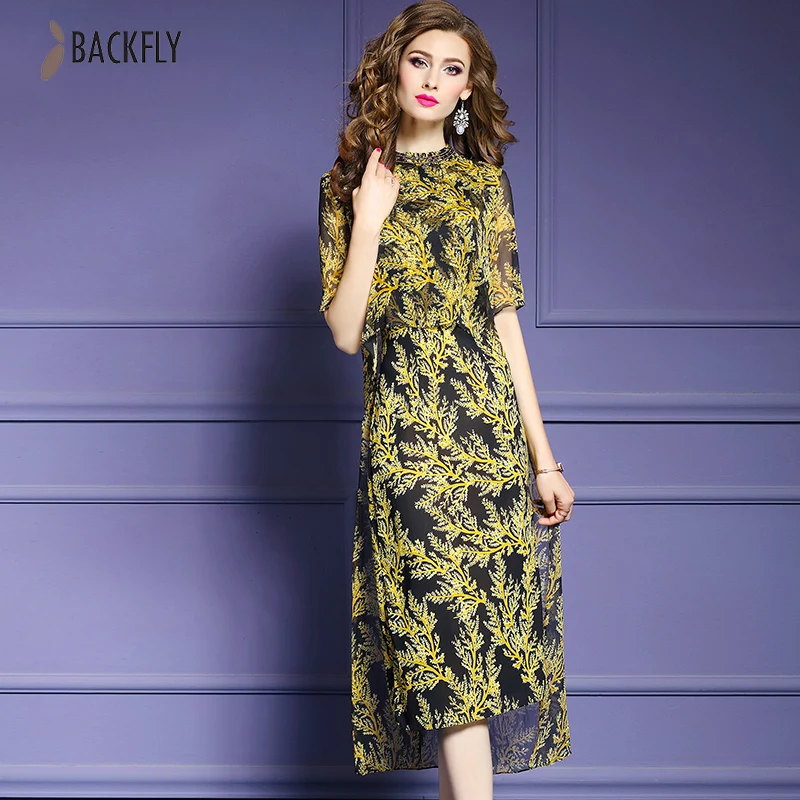 BACKFLY Для женщин летние длинное платье ретро Стиль с вышивкой круглым вырезом