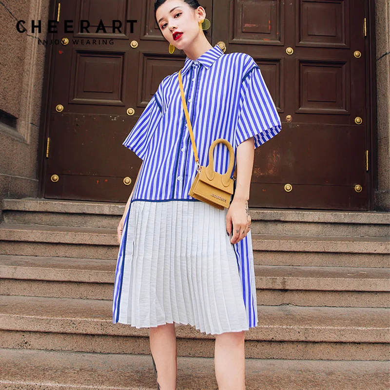 Cheerart бело-голубое Полосатое Плиссированное Платье-рубашка, летнее свободное платье с воротником длиной до колена, корейское модное платье