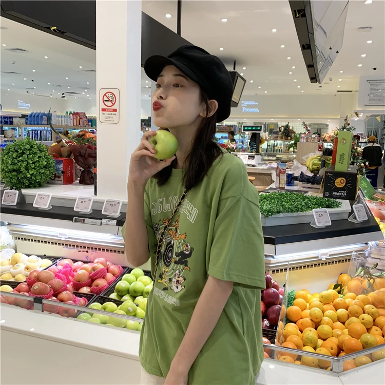 Женская летняя Модная брендовая футболка Ulzzang в Корейском стиле с мультяшным принтом и коротким рукавом, Женская Повседневная Свободная зеленая футболка с авокадо