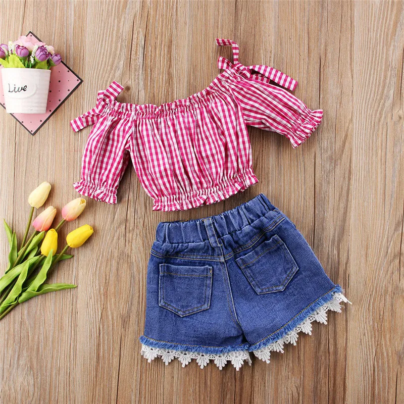 Летняя детская одежда 2018 модные детские топы в красную и белую клетку с открытыми