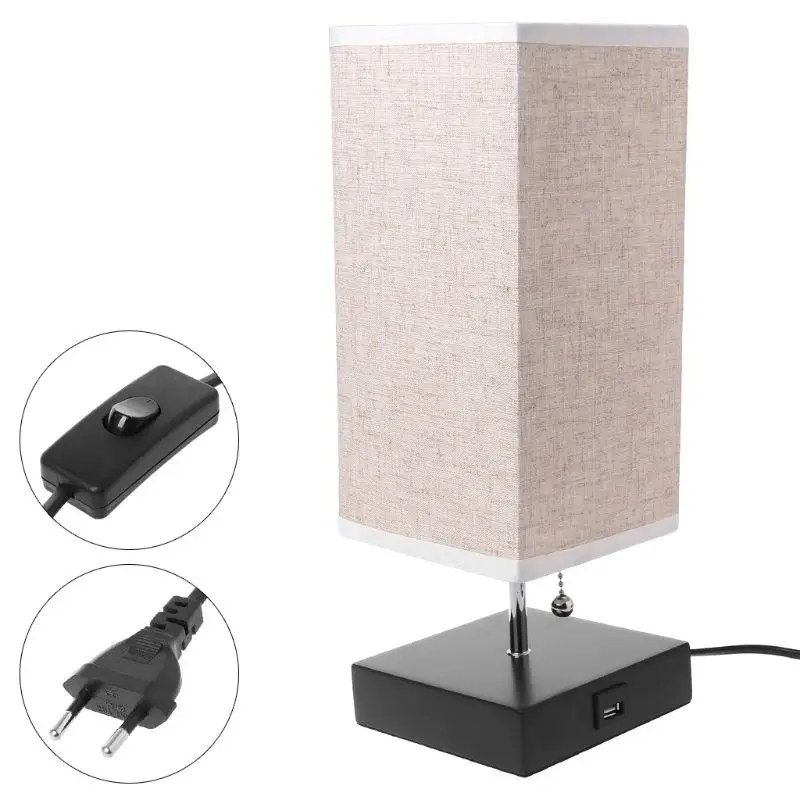 EU Plug 1 компл. Деревянная основа ткань абажур прикроватная Настольная лампа с USB портом и переключателем современный дизайн настольная лампа EU/US штекер - Цвет корпуса: EU Plug