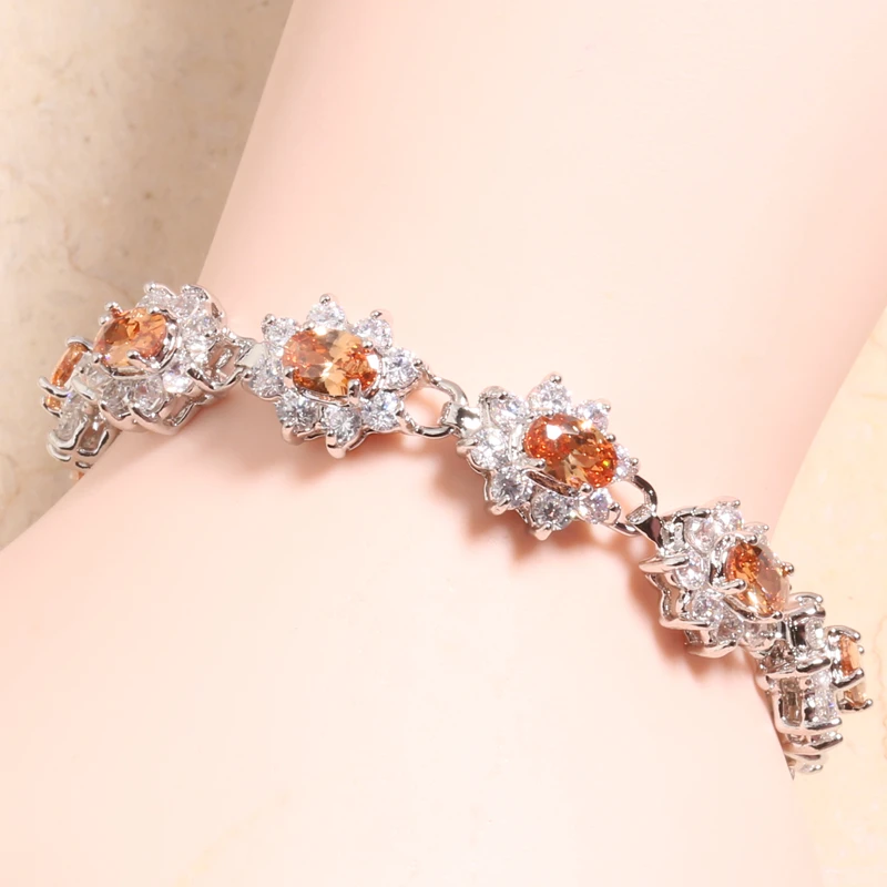 

Elegant Champagne Orange Morganite White Silver Plated Argent Link Chain Bracelet 6 7 Inch L10045
