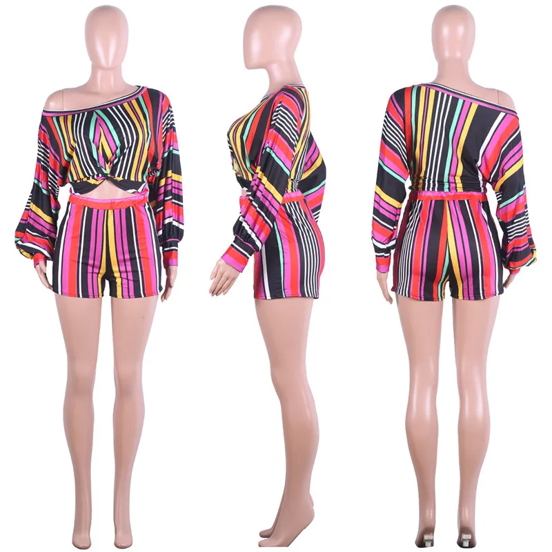 

Women Striped Print Plus Size 2 Two Piece Set Casual Loose Long Sleeve Crop Top and Shorts Sexy Club Summer Matching Set Outfits
