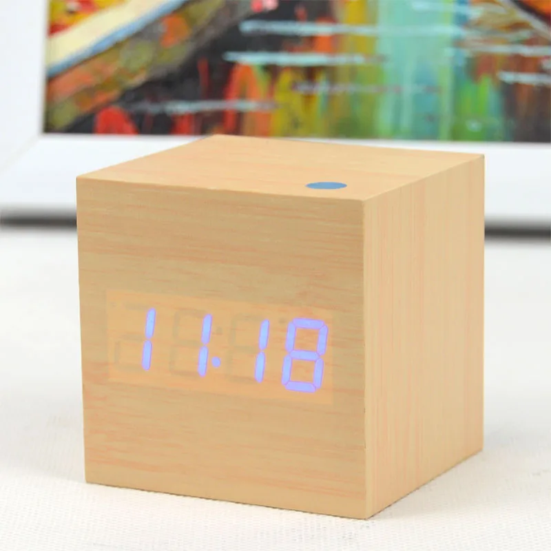 Деревянный квадратный светодиодный Будильник со звуковым управлением